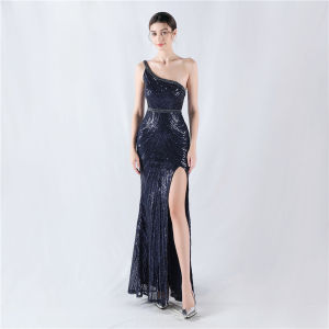 Female Zipper Dresses Sequin Pure Color High Fork Single Shoulder Classy Evening Dress For Women