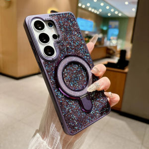 Bling Glitter Powder Diamond Case For Samsung Galaxy S26 Ultra Magnetic Metal Stand Bracket Cover For Samsung S25 Ultra Shell
