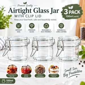 100ml Airtight Glass Spice Jars 3 Pack - Clip Lid Premium Quality Reusable & Eco-Friendly Durable & Long Lasting Suitable for Spices Jams Desserts Snacks