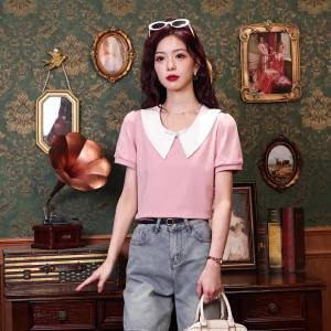 Ammin 2024 đơn giản Mới Mùa Hè đính cườm nút ve đĩa tay ngắn đơn giản áo cánh vải voan phiên bản Hàn Quốc Áo cánh màu hồng thanh lịch ngọt ngào của phụ nữ