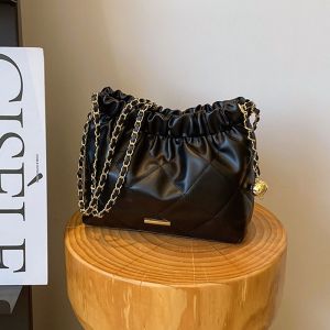 SR2N Pleated Plaid Bucket Bag Large Capacity PU Leather Shoulder Bag Fashion Solid Color Tote Handbag Women Girls