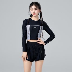 ชุดว่ายน้ําหญิง ชุดว่ายน้ํากีฬา ชุดว่ายน้ำ เสื้อแขนยาว ผ้ามืออาชีพ อนุรักษ์นิยมเอวสูง 19757