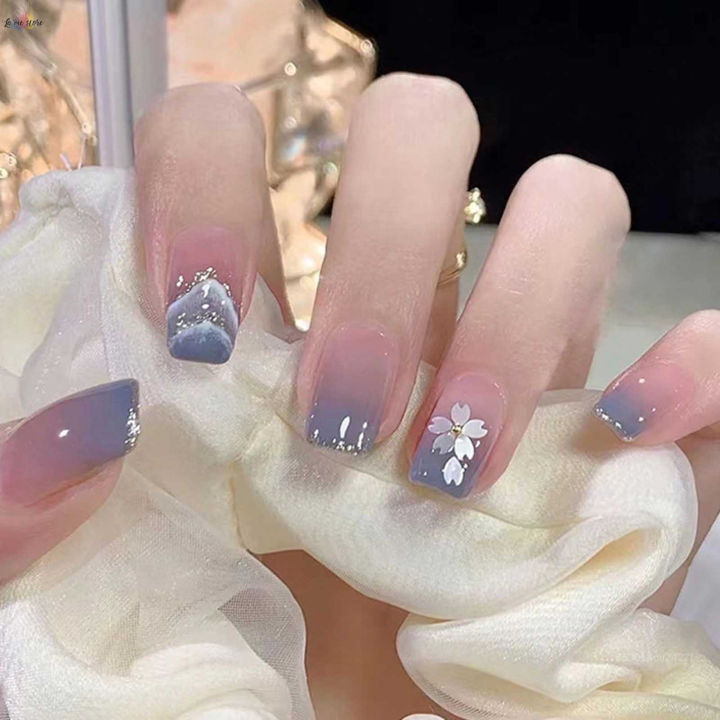 [la Vis] Flower False Nail For Women Blue And Grey Gradient Color 