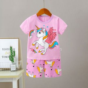 Happy baby& Kids Cotton Cartoon characters UnicornT Shirt+Shorts For Girl Sleepwear Set clothing Summer Tshirt