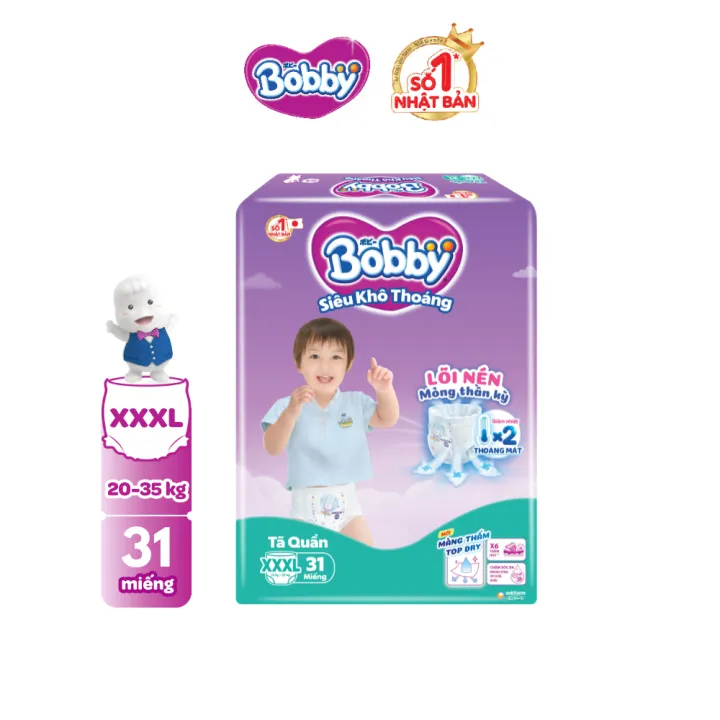Tã/bỉm quần Bobby 3mm Super Jumbo Siêu khô thoáng XXXL31