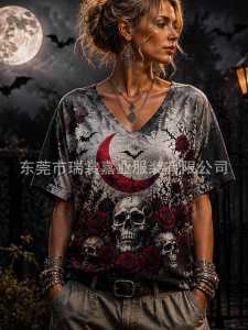 Temu Halloween V Womens casual short-sleeved top with digital print T Shirt