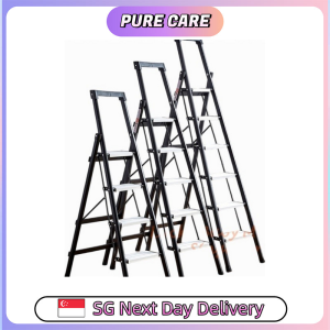 【Pure Care】 Alloy Black Ladder 4/5/6 Steps Foldable Household Anti-slip Aluminium Pedal BTO Indoor Space Saving