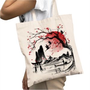 Big Capacity Japanese Style Koi Samurai Cat Sakura Women Shopping Bags Double Print Casual Handbag Lady Shopper Bag Girl Tote