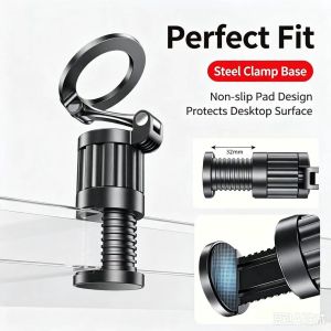 Portable Magnetic Phone Mount Dual Foldable Stand 580° Adjustable N52 Magnet Clip Holder for Travel Airplane Kitchen