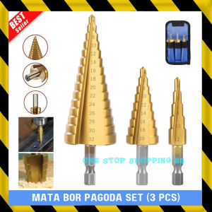 KEPALA MATA BOR HSS BERTINGKAT PAGODA KERUCUT MONAS PIRAMID PIRAMIT SUSUN TITANIUM MULTIPLE MULTI SIZE HOLE SPIRAL CONE HSS STEP DRILL BIT SET 3PCS 3 PCS COATING TITANIUM COATED STEEL BESI KAYU ALUMUNIUM ALUMINIUM ALUMINUM STAINLESS PVC ACRYLIC TAJAM KUAT