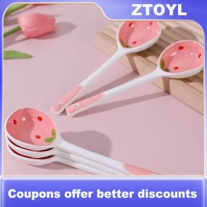 【ZTOYL】 1 cái dễ thương dâu tây gốm súp muỗng kem tay sơn cà phê tráng miệng dài xử lý muỗng Nhà Bếp Bộ đồ ăn phụ kiện