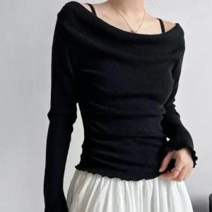 red Basic elegant for women korean style casual Womenswear Longsleeve Top