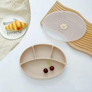 Khay Ăn Dặm Oval Silicone Có Đế Hít Chống Đổ Khay Ăn Dặm Cho Bé 4 Ngăn Có Nắp Đậy An Toàn
