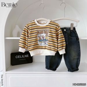 Set bộ dài thu đông áo dài tay kẻ họa tiết Fun Day kèm quần jean dài size 9 tới 28kg BERNIE H0426B26