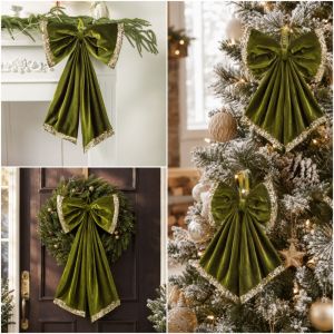 BESTOURO Sequin Velvet Christmas Bowknot Hanging Decoration Green Long Hanging Ribbon Hanging Bows Retro Multi-size Sequin Bowknot Ornament Home Decoration
