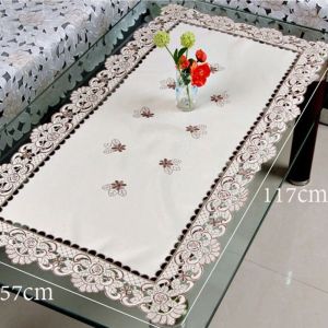 OKDEALS01 White Embroidered Lace Tablecloth Fabric Floral Vintage Satin Dust Cover Hotel Decor Rectangular Dining Tables Cover Home