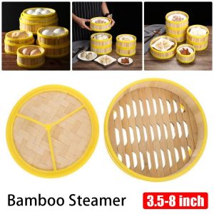 LYMEDIA 1Pcs Handmade Bamboo Steamer 3.5-8 inch Multi-function Kitchen Cookware Durable With Lid Dumpling Steamer Chinese Food Making