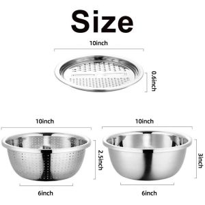 3 Piece Stainless Steel Basin with GraterVegetable CuttingSink BasinDrainage BasketKitchen Multifunctional Sink BasinShredderParerFruitCold SaladDessertMicrowavableKitchen HelperSlicer 25cm / 27cm