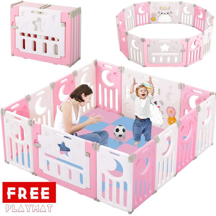 【Free Play Mat】Foldable Baby Play Yard With Free Playmat Extendable
