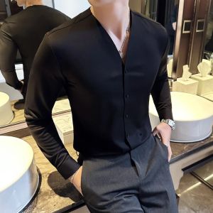 Mens Shirts High Quality V Neck Long Sleeve Shirts For Man Clothing Luxury Drape Traceless Gluing Elegant Social Shirt Dress2026