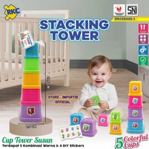 Mainan Edukasi Anak Stacking Tower Jala RKC 05035 1 | Mainan Susun Gelas Warna-Warni Dan Stiker | Mainan Motorik Anak belajar warna huruf dan angka | Stack Game Anak dan Family Sensory Play 5 Colorful cups murah kemasan jala berkualitas