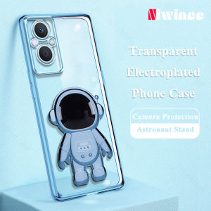 NIWINEE Fashion Blue Plating Phone Case For OPPO Reno 8T 8Z 7Z 8 7 6 4G 5 Pro 5G 2 2F Astronaut Stand Casing Transparent Soft Shockproof Bracket Back Cover Reno8 T Reno7 Z