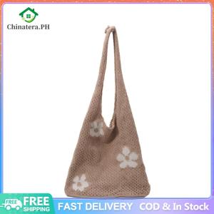 Floral Shoulder Bag Lightweight Knit Female Bag Soft Aesthetic Knit Purse for Women