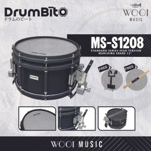 DrumBito MS-S1208 Standard Series Light Weight Marching High Tension Snare Drum 12" with Carrier & Drumsticks - Black
