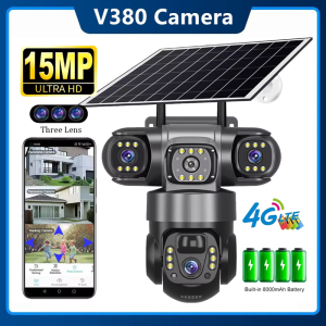 V380 Pro 3 Lens IP Solar Camera HD 15 MP Outdoor Waterproof CCTV Night Vision Two-Way Audio Camera Mobile Tracking 4G IP Camera