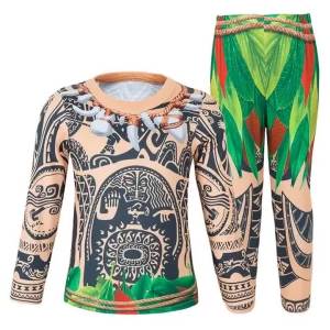 Boys Costume Children 3D Totem Printing Maui Moana Cosplay Long Sleeve Top Trousers Set Halloween Carnival Party Outfits For Kid