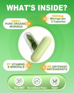 Moringa Capsules – 800mg Pure Moringa Powder Supplement – 60 Capsules for Natural Energy Immune System Skin & Gut Health Support Green Antioxidant Superfood Essential Vitamins & Amino Acids