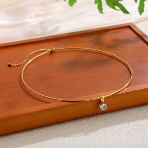 TEWUB 18K Gold PVD Plated Golden Choker Metal Chain Vintage Geometric Circular Collar Fashion Heart Rhinestone Collarbone Chain Women