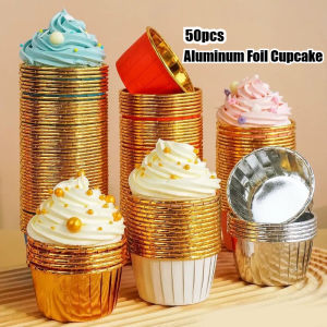 50pcs Mini Aluminum Foil Cupcake Baking Cups Disposable Cake Containers Round Cupcake Foil Liners Tart Pie Tin Pan Holder Baking Cup Mold for Pudding Souffle Party Wedding