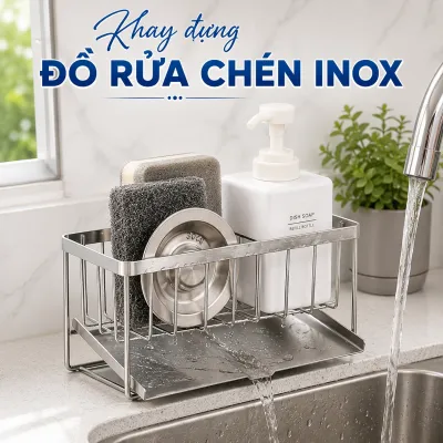 Kệ đựng đồ rửa chén Inox kèm đĩa dốc 45 độ hứng nướckệ chữ nhật dán tường siêu chắc - Kệ lưới ô vuông bằng inox