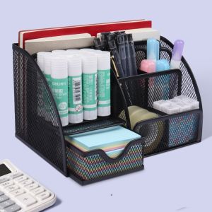 7n1 Desktop stationery storage box Iron net 7 grid pen holder black metal multifunctional storage box office/school supplies holder organizer with drawer [ GM GO SHOP ]