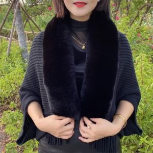 MIRELINA Womens Evening Dresses Cloak Faux Fur Collar Winter Warm Plush Wraps Knitting Shawl