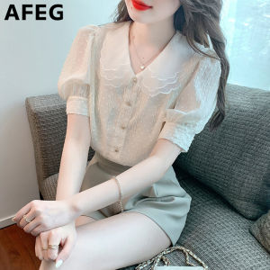 AFEG new Korean version doll collar fashion loose all-match chiffon short-sleeved blouse for women