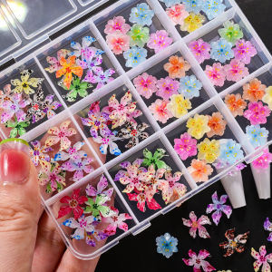 ZEEMIN  1Box Mixed Acrylic Soft Spotted Flower Nail Art Decorations 3D Colored Resin Crystal Floral Cherry Blossom Nail Charms DIY Acces
