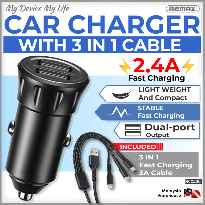 REMAX RCC236 Fast Charging 2.4A with 3 IN 1 Cable 2 USB Port Car ...
