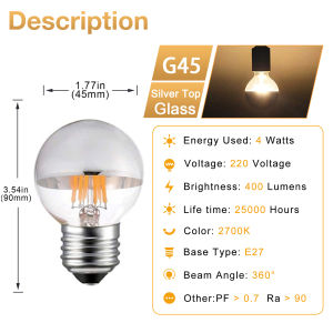 Creative E14 E27 Silver Chrome LED Edison Bulb G45 G95 4W 6W Dimmable Filament Bulb Vintage 2700K Warm White Decorative Lighting for home