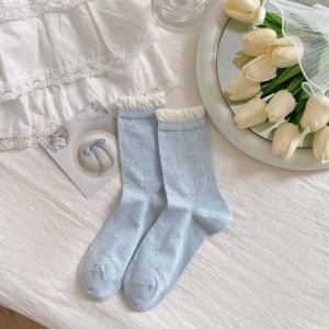 ถุงเท้าลูกไม้ฟองกลวงสำหรับผู้หญิง สไตล์บัลเล่ต์หวาน JK ถุงน่องยาวปานกลาง ระบายอากาศได้ดี ถุงเท้าเด็กผู้หญิง ผูกโบว์ ถุงเท้าข้อกลางหลวม