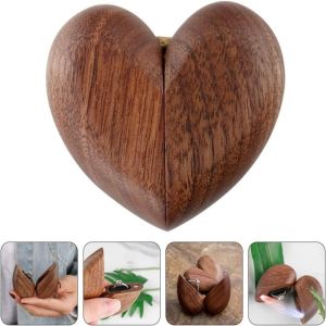 GENENIC Walnut Wood Wooden Ring Box Single Slot Heart Shaped Proposal Ring Case Elegant Reusable Jewelry Organizer Box Engagement