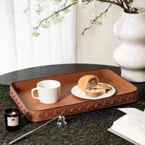 Sacesr Rhombus Woven Pattern Trays Faux Leather Material Plate Hollow Brown Keys Storage Portable Home Desktop Decoration Organizer 5Y6Z3