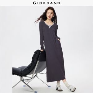 Giordano Women Fake 2-piece contrasting long sleeve rib dress Free Shipping 05465851