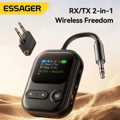 Essager LCD Color Digital Display Bluetooth 6.0 Adapters Receive (RX)/Transmit (TX) Signals RX/TX 2-in-1 Audio Bluetooth Receiver Transmitter Adapter For Computer TV Car Console MP3/MP4 Tablet Laptop Phone Amplifier Bluetooth Speaker/Earphones Headset