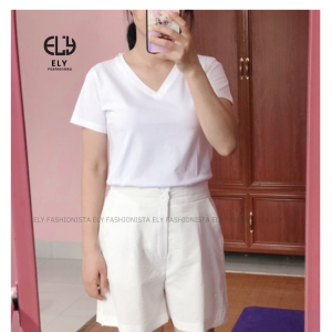 Áo thun nữ kiểu cổ tim ngắn tay form vừa chất borip cao cấp co giãn 4 chiều màu trắng đen thời trang đẹp Áo phông nữ cổ tim kiểu basic co giãn 4 chiều cao cấp vừa xinh EL205