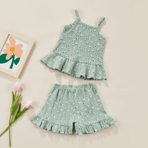 [COD&Local] Pomely 2-3 Years Summer Fashion Baby Girls 2pcs Clothes Sets Solid Clothes Floral Spaghetti Strap Tops +Ruffles Shorts Set