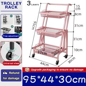 SG StockFoldable Trolley Storage Cart Removable Movable Metal Snack Shelf Kitchen Organiser Rack