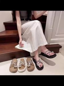 [Free Shipping] Thick-Soled Lightweight Sandals For Women Suitable For Outdoor Wear In Summer Featuring A Crisscross Design Thin Straps Beach Style Roman Style And Rhinestone Embellishments