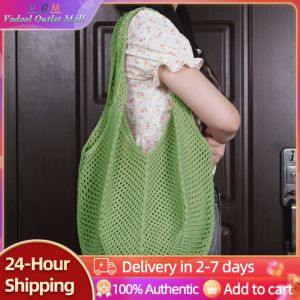 Fashionable Women Knitted Tote Bag Summer Beach Hollow Out Crochet Large Capacity Casual Tote